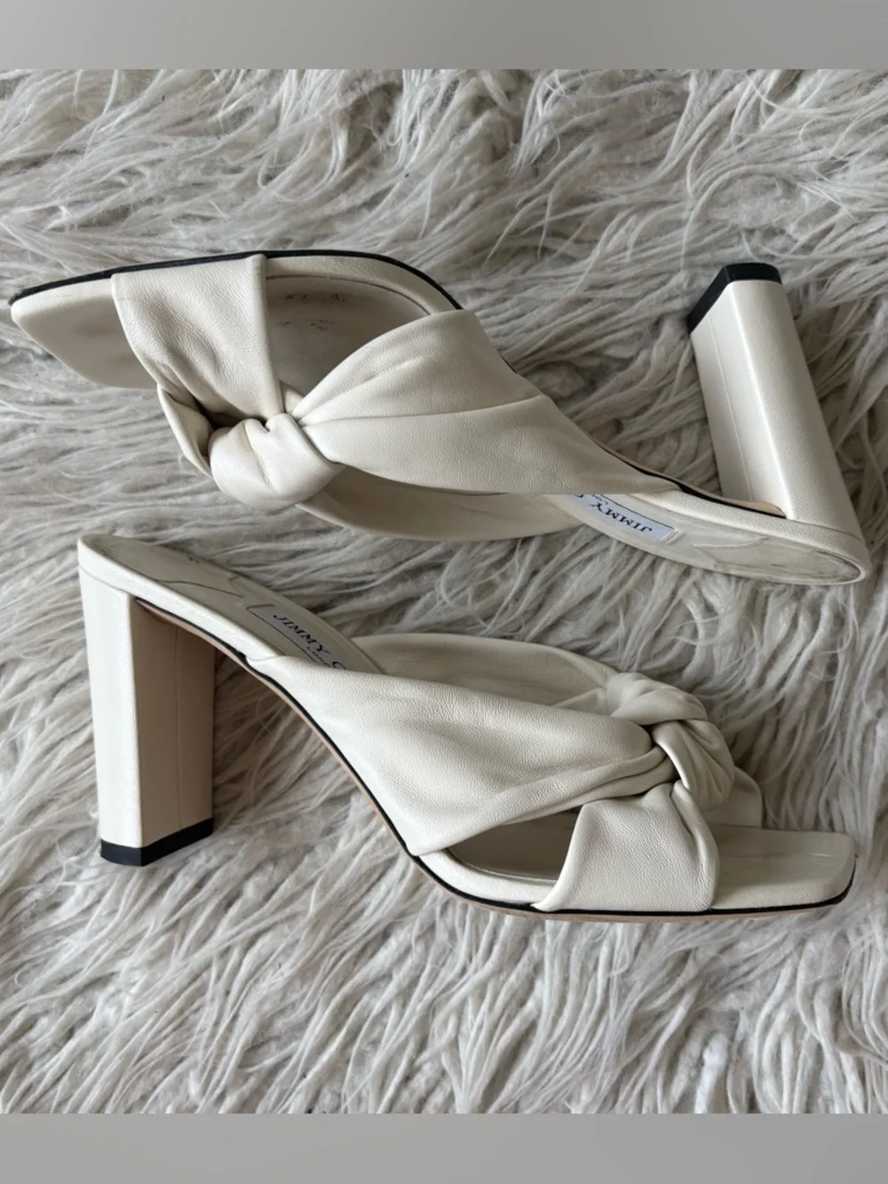 JIMMY CHOO Avenue 85mm Block Heel Latte Ivory Leather Twist Knot Front Mule 40.5